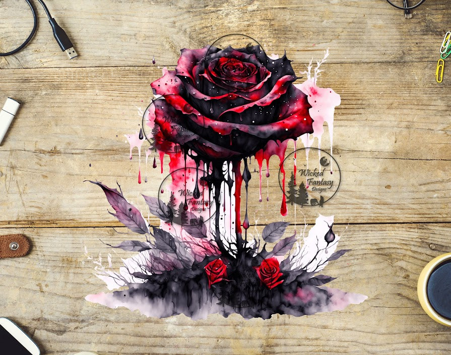 UVDTF Dripping Red and Black Gothic Rose