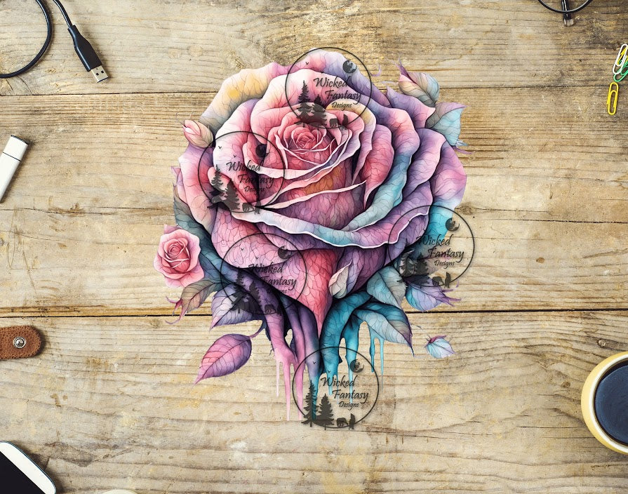 UVDTF Dripping Pink and Teal Rose