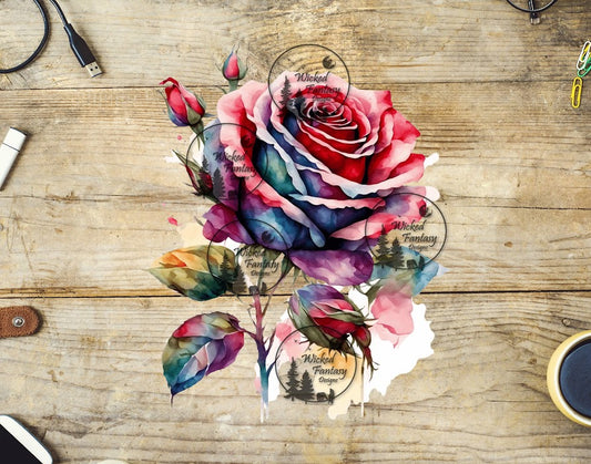UVDTF Pink and Teal Watercolor Rose