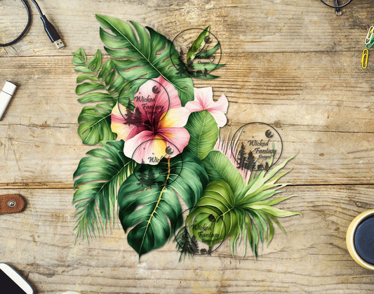 UVDTF Coral and Pink Hibiscus Flower and Tropical Leaves
