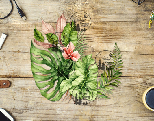 UVDTF Tropical Leaves and Coral Flower