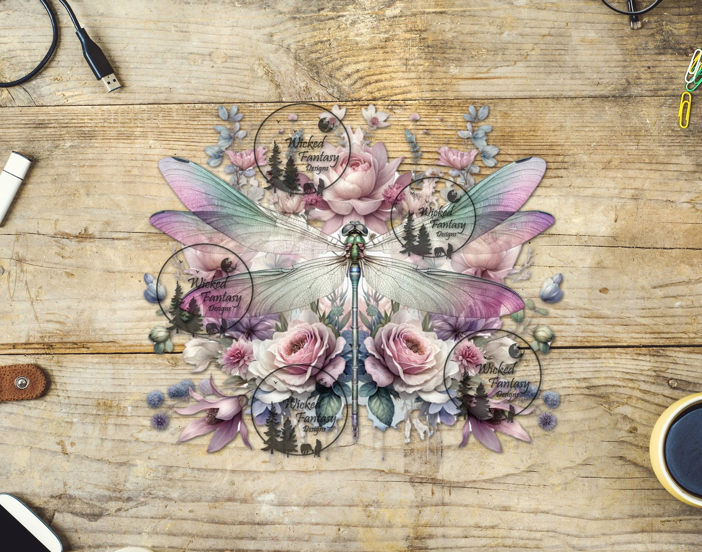 UVDTF Dragon Fly and Pale Pink Roses Floral Arrangement