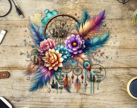 UVDTF Dream Catcher Feather Floral Arrangement Teal Pink Purple