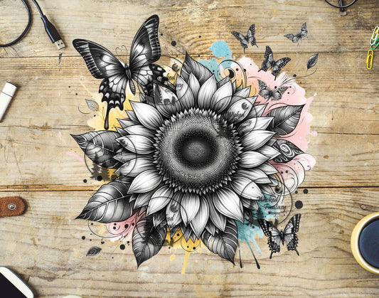 UVDTF Black and White Sunflower and Butterfly Pastel Background