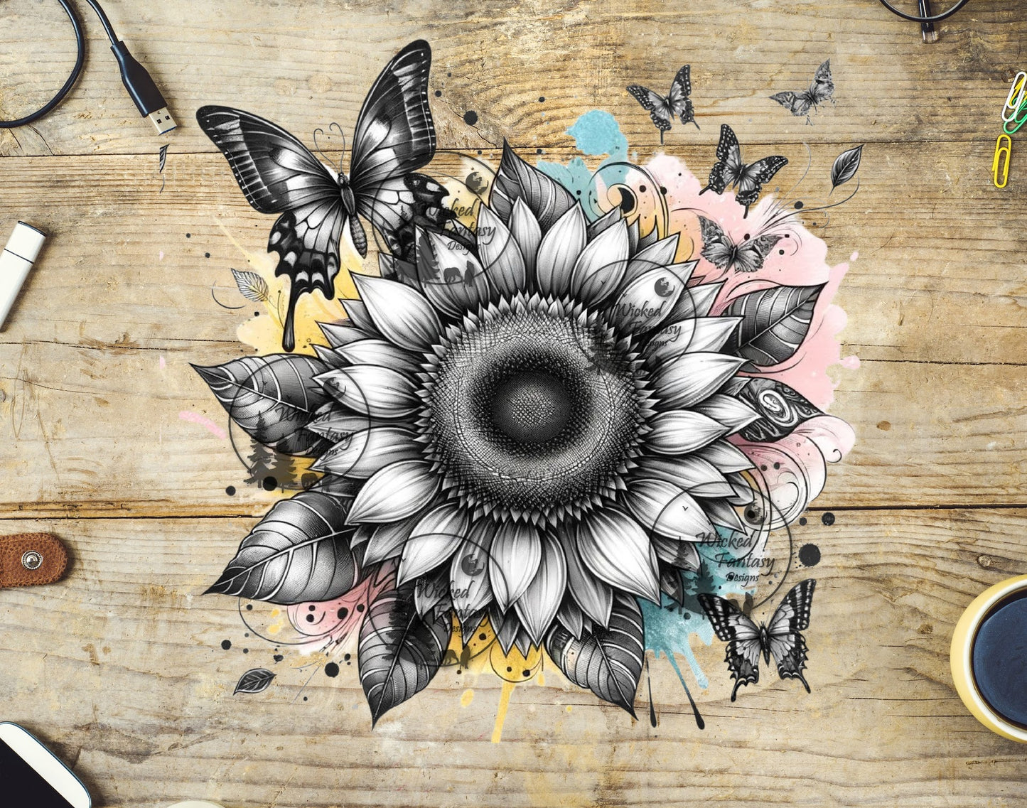 UVDTF Black and White Sunflower