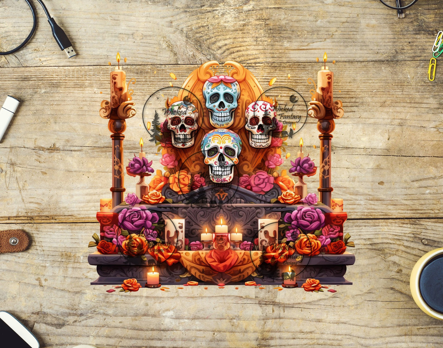 UVDTF Dia de los Muertos Display Golden Background