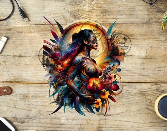 UVDTF Beautiful Native Woman with Painted Swirls and Flowers