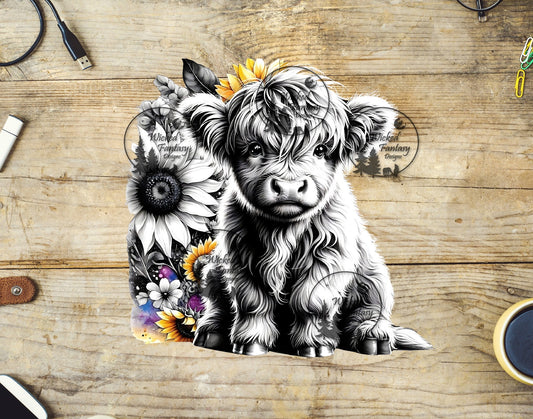 UVDTF Black and White Highland Cow with Sunflowers