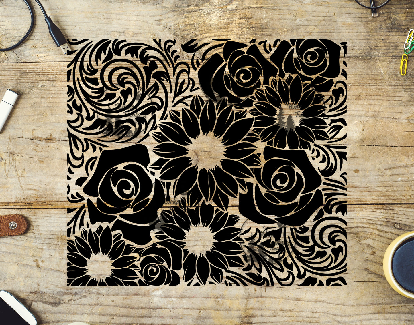 UVDTF Tooled Leather Roses and Sunflowers Black/White Tumbler Wrap 20oz 30oz 10"x10" Element