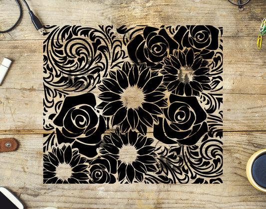 UVDTF Tooled Leather Roses and Sunflowers Black/White Tumbler Wrap 20oz 30oz 10"x10" Element