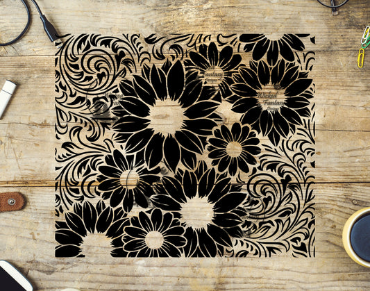 UVDTF Tooled Leather and Sunflowers Black/White Tumbler Wrap 20oz 30oz 10"x10" Element