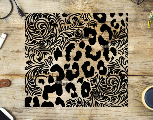 UVDTF Tooled Leather and Leopard Black/White Tumbler Wrap 20oz 30oz 10"x10" Element