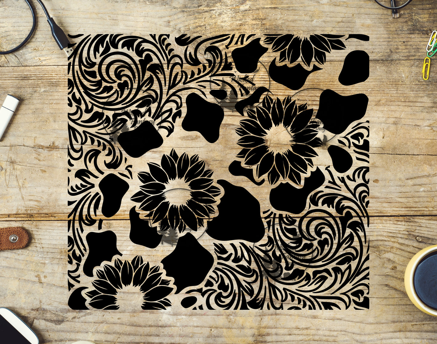 UVDTF Tooled Leather Sunflowers and Cow Hide Black/White Tumbler Wrap 20oz 30oz 10"x10" Element