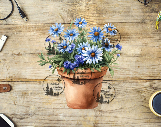 UVDTF Baby Blue Daisies in Clay Pot