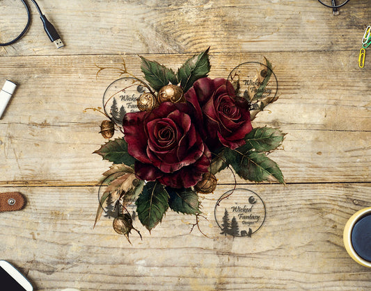 A decal with a design of burgundy roses and golden bells