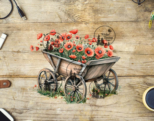 UVDTF Red Poppies in Wooden Wagon