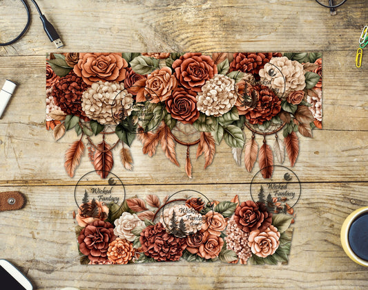 UVDTF Rust and Beige Hydrangea Roses and Dreamcatchers 16oz 40oz Element Multiple Sizes