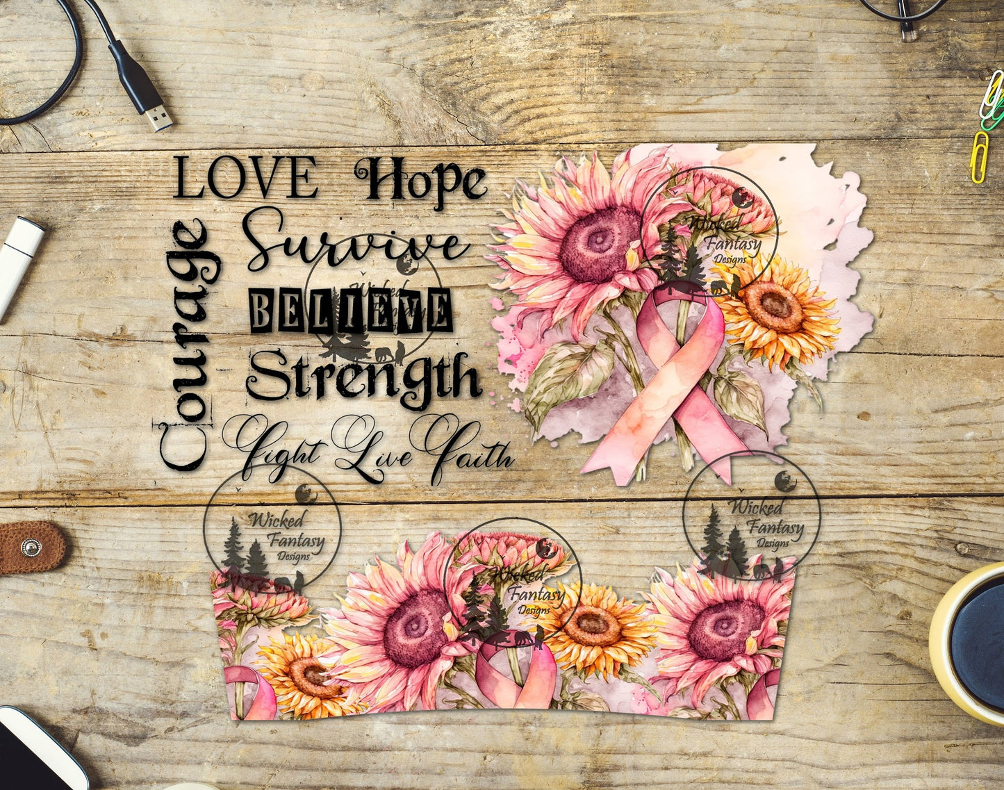 UVDTF Courage Hope Survive Cancer 16oz 40oz Element Multiple Sizes