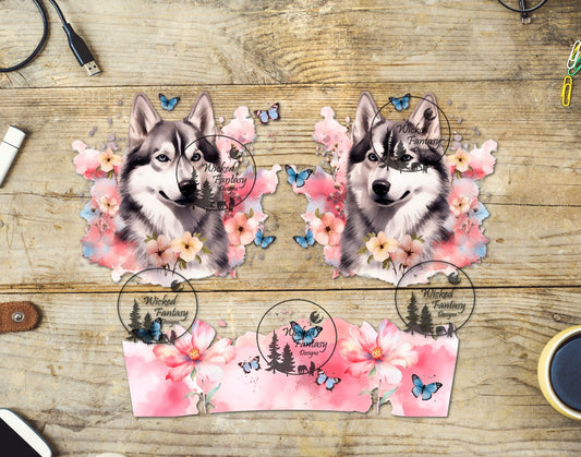 UVDTF Husky and Butterflies Dog 16oz 40oz Element Multiple Sizes