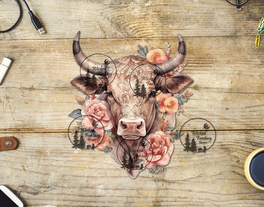 UVDTF Cow with Pink and Coral Flowers