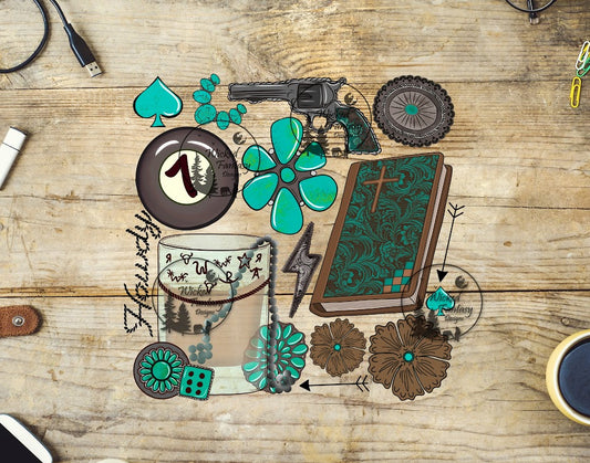 UVDTF Howdy Rope Turquoise Conchos and Leather Flowers 6x7"