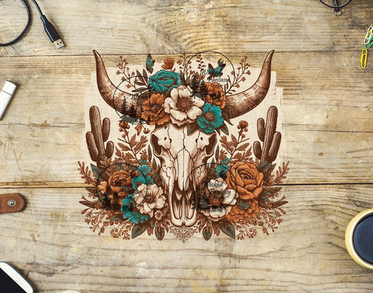UVDTF Rust and Teal Floral Cow Skull
