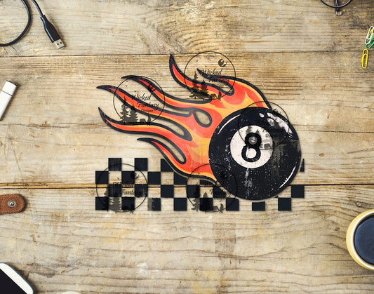 UVDTF Flaming Eight Ball with Checkered Border
