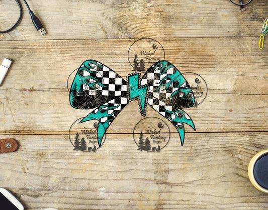 UVDTF Grunge Checkered Bow with Turquoise Lightning Bolt