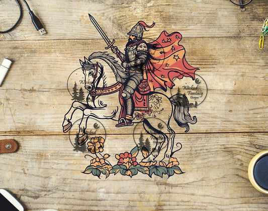 UVDTF Knight in Armor Riding Horse with Painted Flowers