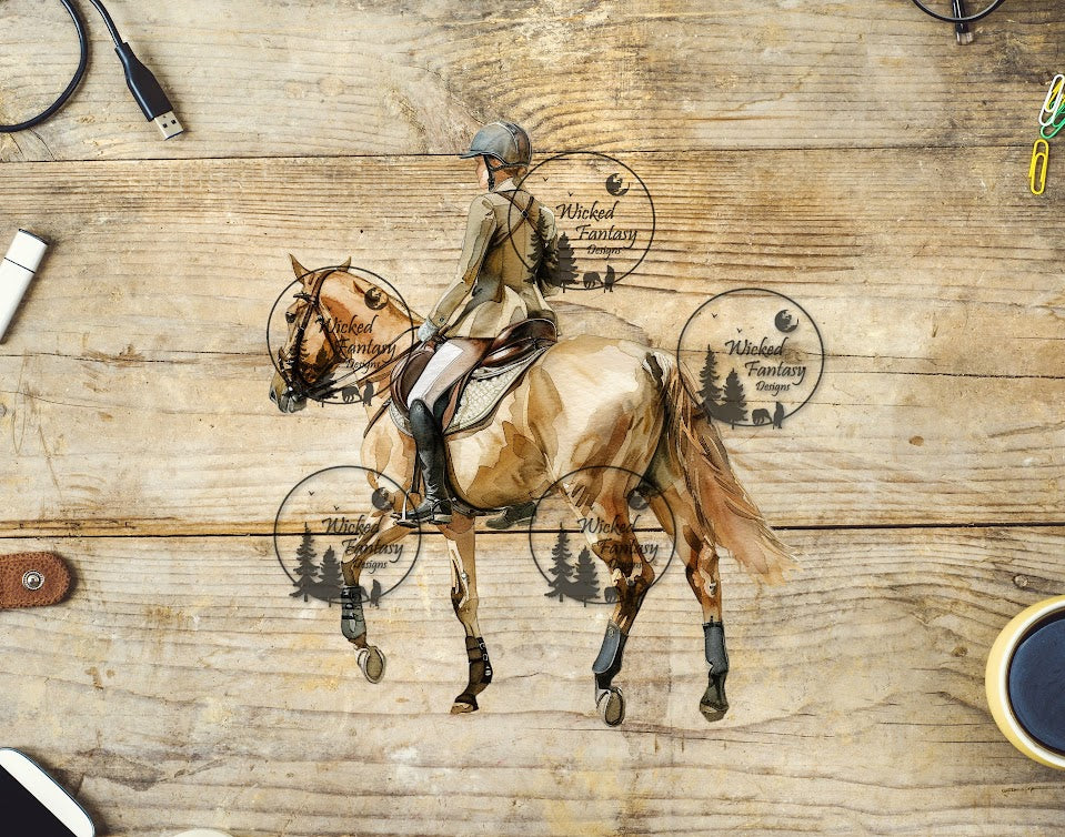 UVDTF Woman Riding Chestnut Horse in English Tack