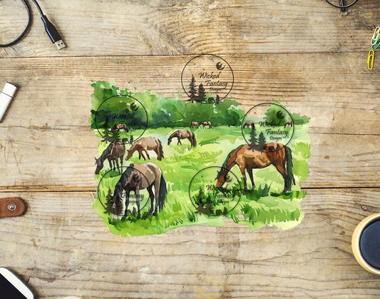 UVDTF Illustrated Horses Grazing in Summer Pasture