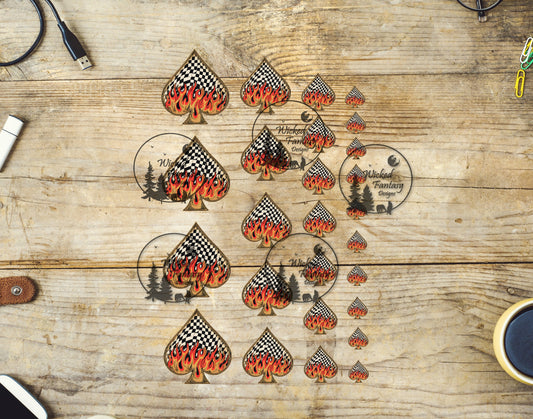 UVDTF Checkerboard Spades with Flames Concho Elements 6"x7"