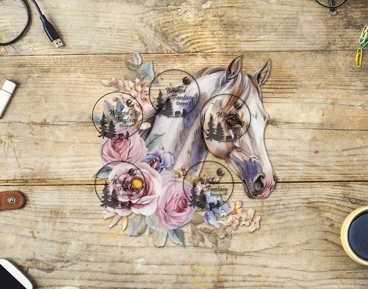 UVDTF Grey Horse with Pale Blush Roses
