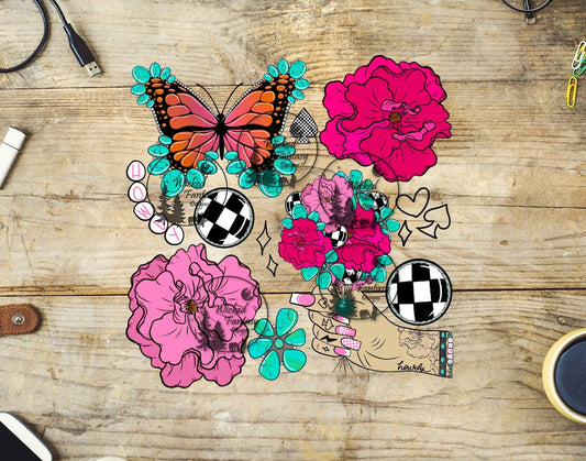UVDTF Turquoise Peonies and Butterfly 6x7"