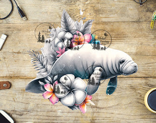 UVDTF Manatee and Tropical Flowers