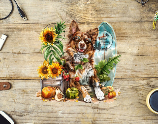 UVDTF Australian Shepherd with Beach Gear and Sunflowers