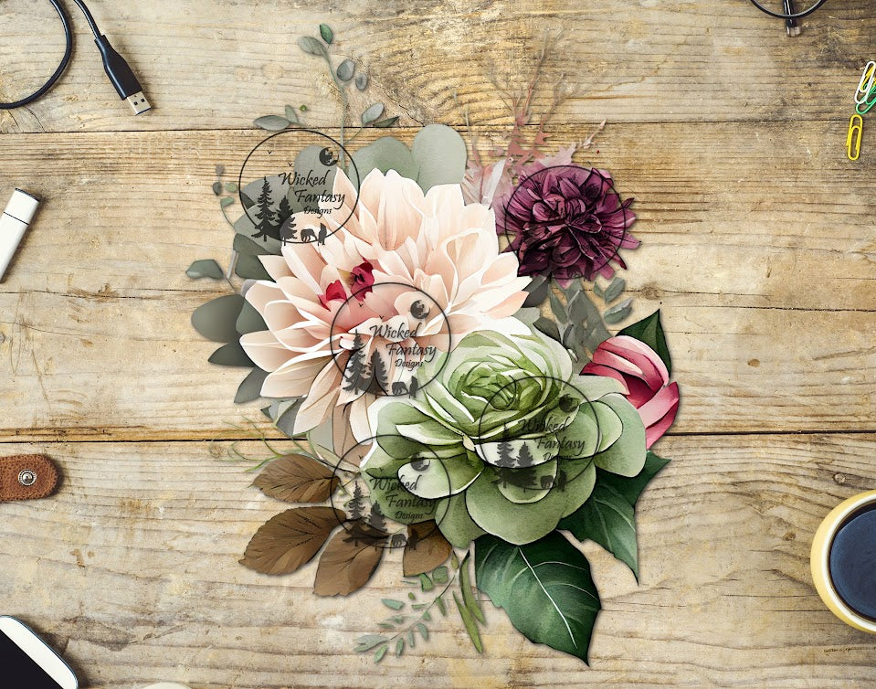 UVDTF Cream and Light Green Floral Arrangement