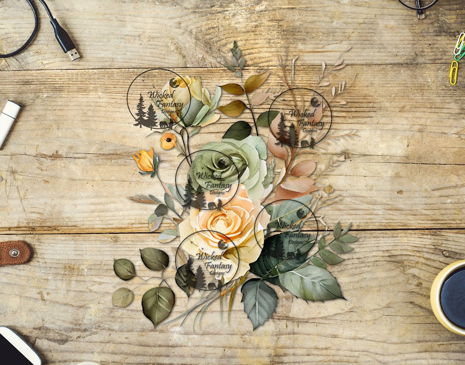 UVDTF Cream and Light Green Rose Floral Arrangement