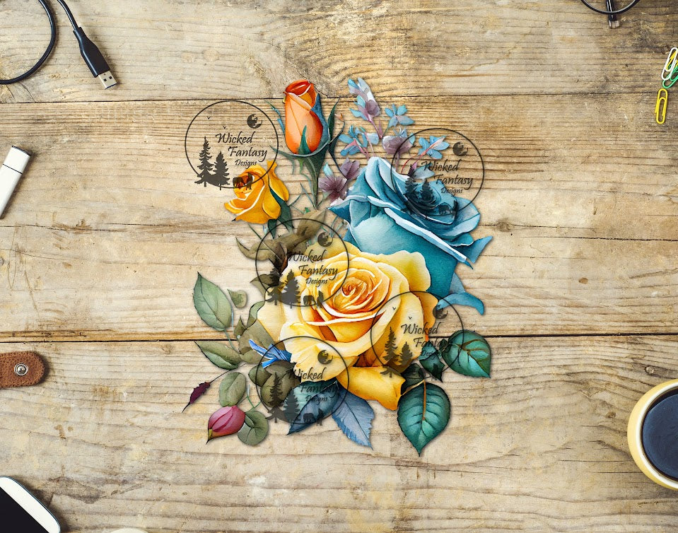 UVDTF Blue and Yellow Rose Floral Arrangement