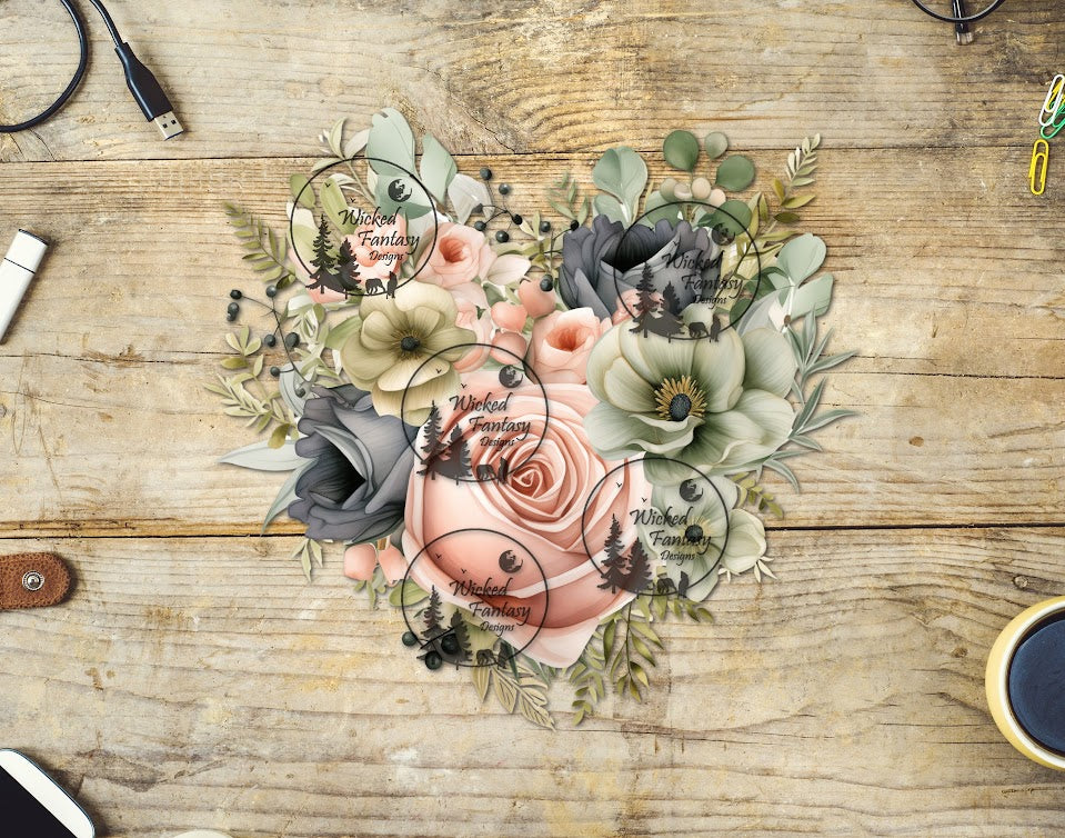 UVDTF Cream Grey and Light Green Floral Arrangement