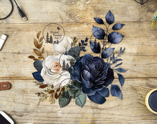 UVDTF Midnight Blue and White Flower Arrangement