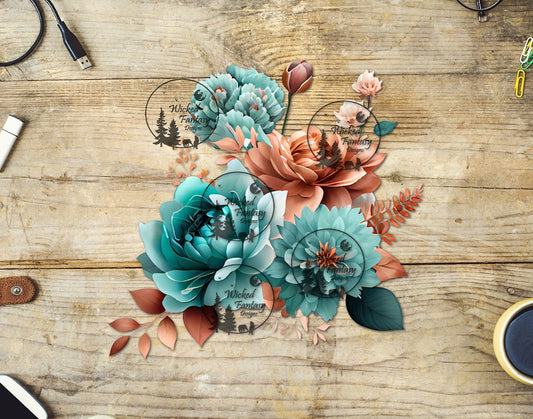 UVDTF Teal and Rust Flower Arrangement