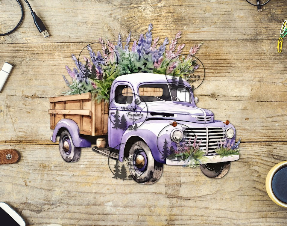 A decorative sticker depicting a vintage truck with lavender blossoms in its bed