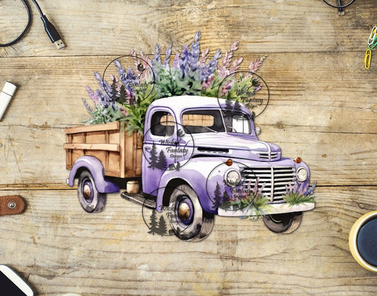 A decorative sticker depicting a vintage truck with lavender blossoms in its bed