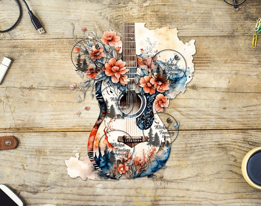 UVDTF Watercolor Guitar and Flower Arrangement