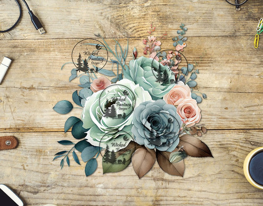 UVDTF Peach Light Green and Dusty Blue Floral Arrangement
