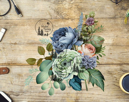 UVDTF Sage and Dusty Blue Floral Arrangement