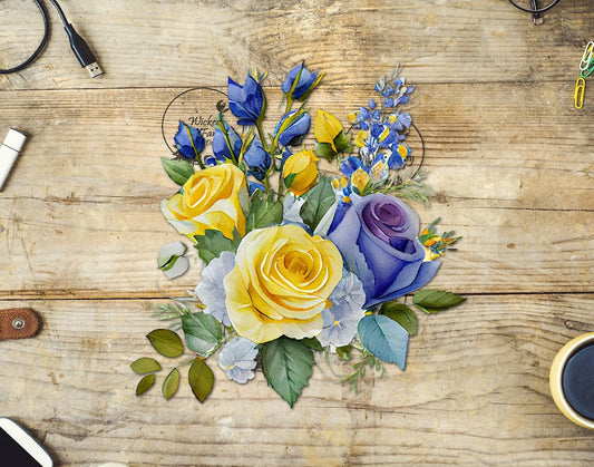 UVDTF Yellow and Blue Rose Floral Arrangement
