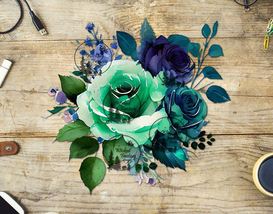 UVDTF Green Teal and Blue Rose Floral Arrangement