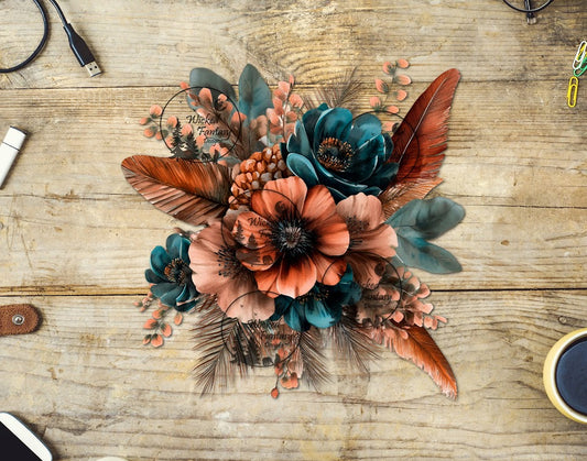 UVDTF Boho Dark Teal and Rust Floral Arrangement